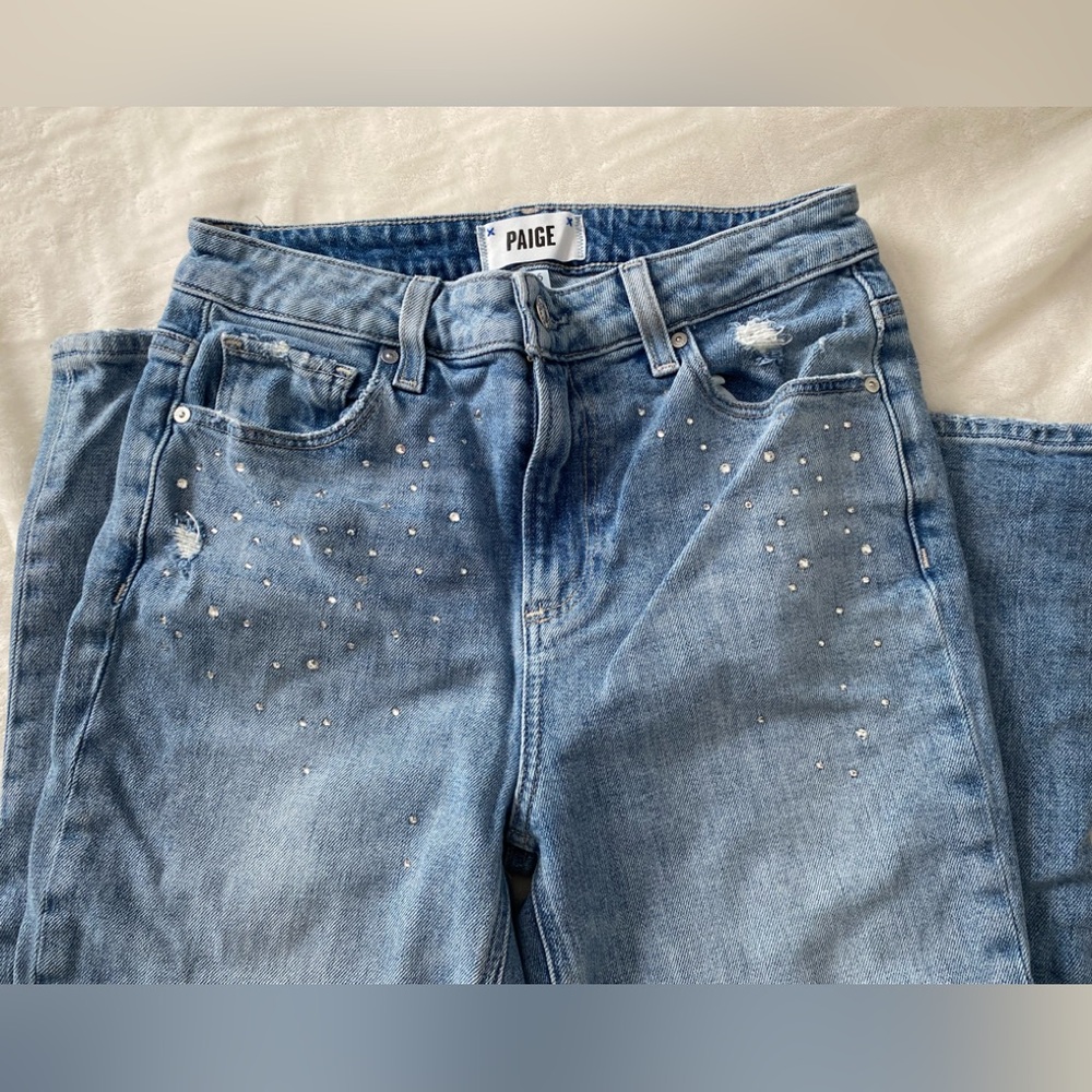 PAIGE Women's Light Blue Embellished Boyfriend Jeans Sz 26 Small Rhinestone